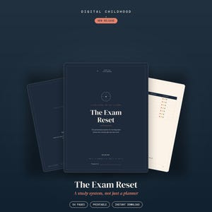 May include: A digital study planner titled The Exam Reset, featuring a dark navy cover with white text, a central circular icon, and a subtitle reading A study system, not just a planner. The set includes 54 pages, printable and instant download.