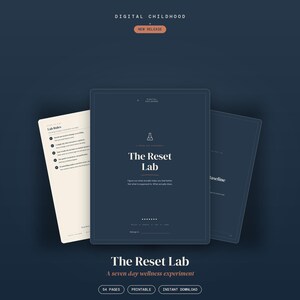 Può includere: Un esperimento di benessere digitale stampabile di 54 pagine intitolato The Reset Lab. La copertina blu scuro presenta un'icona a forma di becher, il testo 'The Reset Lab' e uno spazio per un nome. Sono visibili due pagine interne, una con 'Lab Rules' e una con 'Baseline'.