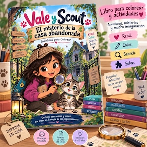 Puede incluir: Un libro de colorear y actividades titulado Vale y Scout El misterio de la casa abandonada con una ilustración de una niña con lupa y un gatito atigrado. La portada incluye texto como Read, Color, Search, Solve y formato de impresión en casa.