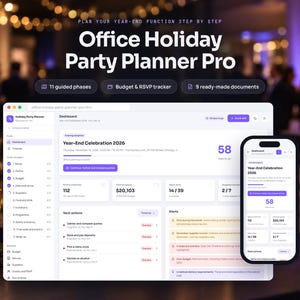 May include: Office Holiday Party Planner Pro software interface displayed on a laptop screen and a smartphone. The dashboard shows a Year-End Celebration 2026 event with 11 guided phases, a budget tracker, and RSVP management tools.