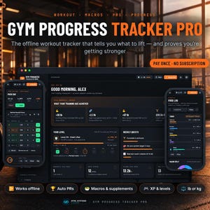 Può includere: Un'interfaccia digitale per il Gym Progress Tracker Pro visualizzata su un computer portatile e due dispositivi mobili. La dashboard a tema scuro mostra registri di allenamento, macro, record personali e metriche di progresso.
