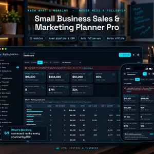 May include: A digital dashboard interface titled Small Business Sales & Marketing Planner Pro displayed on a computer monitor and a smartphone screen, featuring data tables, revenue metrics, and a What's Working scorecard on a dark background.