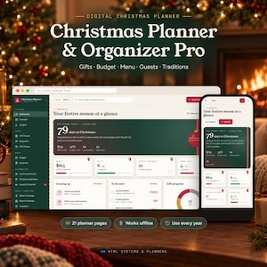 May include: A digital Christmas Planner & Organizer Pro interface displayed on a laptop screen and a smartphone. The dashboard features a dark green and cream color scheme with text including 'Your festive season at a glance' and '79 days to Christmas'. The layout includes sections for gifts, budget, menu, guests, and traditions.