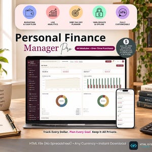 Peut inclure: Un tableau de bord numérique Personal Finance Manager Pro affiché sur un écran d'ordinateur portable et de smartphone. L'interface présente des graphiques de valeur nette, des modules de budget et des analyses financières. Le texte inclut Budgeting & Cash Flow, Live Analytics, Debt Pay-off Planner, 100% Private & Offline, Fully Customizable et All-in-One Offline Financial Command Center.
