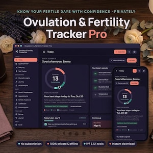 May include: A digital Ovulation & Fertility Tracker Pro interface displayed on a laptop screen and a smartphone. The dark-themed dashboard shows cycle day 13, a fertile window, and health signals. Text includes Know Your Fertile Days With Confidence Privately.
