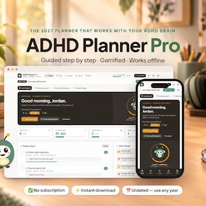 May include: A digital planner interface displayed on a laptop screen and a smartphone, titled ADHD Planner Pro. The screen shows a dashboard with the text Good morning, Jordan, task lists, and progress trackers. A small green cartoon bee icon is visible.