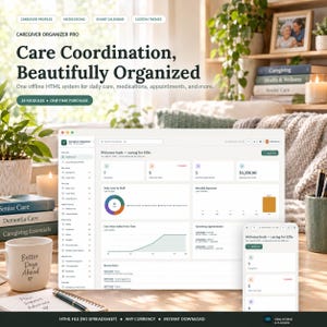 Peut inclure: Un tableau de bord numérique Caregiver Organizer Pro affiché sur un écran d'ordinateur et un appareil mobile. L'interface comprend un menu latéral, des graphiques et des listes de tâches. Le texte inclut Caregiver Profiles, Medications, Smart Calendar, Custom Themes et Care Coordination, Beautifully Organized.