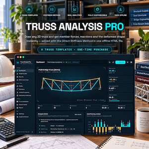 Könnte beinhalten: Eine digitale Dashboard-Oberfläche mit dem Titel Truss Analysis Pro auf einem Laptop-Bildschirm. Die Software zeigt ein Pratt-Fachwerkdiagramm mit Zug- und Druckdaten, Stabkräften und strukturellen Analysewerten in einem dunklen Design.