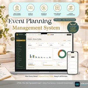 May include: An Event Planning Management System displayed on a laptop and smartphone screen. The interface shows event dashboards, budget tracking, and guest management. Text includes "22 Modules - One-Time Purchase" and "Plan Every Detail."