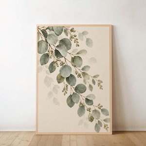 Eucalyptus Branch Wall Art, Sage Green Watercolor Greenery Print, Silver Dollar Leaves, Neutral Japandi Decor
