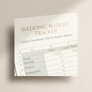 May include: A digital wedding budget tracker spreadsheet template featuring the text WEDDING BUDGET TRACKER and Instant Download CSV for Excel + Sheets. The grid displays columns labeled A, B, and C with rows for Venue, Catering, Flowers, and Photography.