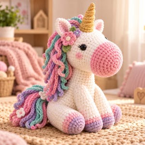May include: A white crocheted unicorn plush toy featuring a gold spiral horn, a pink muzzle, and a multi-colored mane and tail in shades of pink, purple, and teal. The unicorn is adorned with small crocheted flowers and has black eyes.