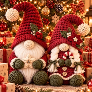 May include: Two crocheted gnomes with red hats and white pom-poms. The left gnome has a white beard and holds a star. The right gnome has white braided hair and holds a candy cane. Both wear green mittens and boots, decorated with holly and flowers.