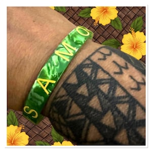 TS acrylic green tortoise shell design polynesian bangle cuff engraved Samoa Hawaii bracelet