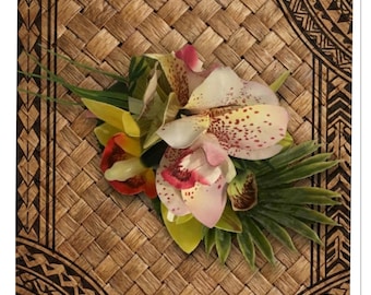 Polynesian tropical Hawaiian floral triple silk flower pink and green orchids hair clip