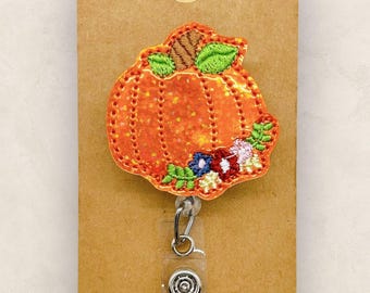 Sparkle Pumpkin Badge Reel, Fall Floral Pumpkin Badge Holder, Nurse Badge Reel, Teacher Lanyard, Coworker Gift, Retractable ID Holder