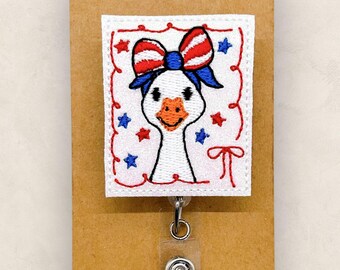 Patriotic Goose Badge Reel, Coquette Bow Badge, Nurse Badge Clip, Teacher Lanyard, Coworker Gift, Name Tag, Retractable ID Holder | GLITTER