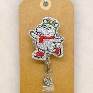 Skating Hippo Badge Reel, Winter Badge Reel, Nurse Badge Clip, Teacher Lanyard, Coworker Gift, Name Tag, Retractable ID Holder | GLITTER