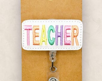 Teacher Retractable Badge Reel: Pastel ID Holder, Name Tag, Topper, Coworker Gift, Lanyard, MRI Safe, Heavy Duty Options | GLITTER