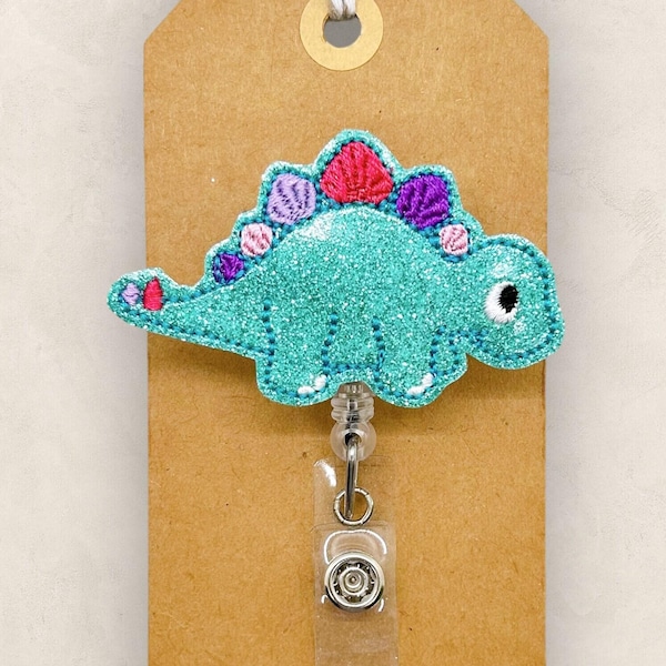 Blue Dinosaur Badge Reel, Rainbow Stegosaurus Badge Holder, Dino Badge, Nurse Badge Clip, Teacher Lanyard, Retractable ID Holder | GLITTER