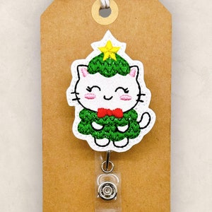 Christmas Tree Cat Badge Reel, Cute Holiday Badge Reel, Nurse Badge Clip, Teacher Lanyard, Coworker Gift, Retractable ID Holder | GLITTER