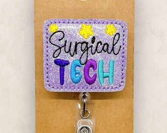 Surgical Tech Badge Reel, OR Technician Badge, Scrub Tech Badge Clip, Scrub, Co-Worker Gift, Employee Badge, Retractable ID Holder | GLITTER