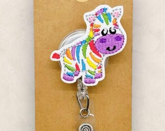 Rainbow Zebra Retractable Badge Reel: ID Holder, Name Tag, Swappable Topper, Coworker Gift, Lanyard, MRI Safe, Heavy Duty Options | GLITTER