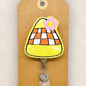 Retro Candy Corn Badge Reel, Halloween Name Tag, Nurse Badge Clip, Teacher Lanyard, Coworker Gift, Badge Topper, Retractable ID Holder