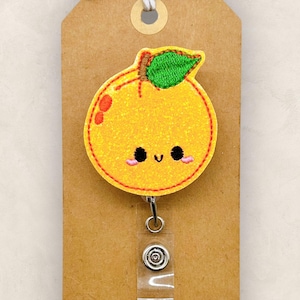 Orange Badge Reel, Fruit Badge Reel, Produce Name Tag, Nurse Badge Clip, Teacher Lanyard, Coworker Gift, Retractable ID Holder | GLITTER