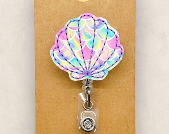 Mermaid Seashell Badge Reel, Beach Badge Clip, Retractable ID Badge Holder, Teacher Lanyard, Nurse Badge Reel, Coworker Gift, Badge Pull