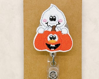 Ghost Pumpkin Badge Reel, Fall Ghost Badge Holder, Nurse Badge Reel, Cute Halloween Badge, Teacher Lanyard, Retractable ID Holder | GLITTER