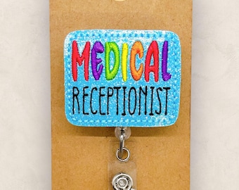 Medical Receptionist Badge Reel, Administrative Assistant Badge Reel, Front Desk Lanyard, Coworker Gift, Retractable ID Holder | GLITTER
