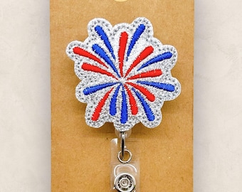 Porta credenciales de fuegos artificiales, porta credenciales del 4 de julio, clip para credenciales de enfermera patriótica, cordón para maestros, regalo para compañeros de trabajo, porta credenciales retráctil / BRILLO