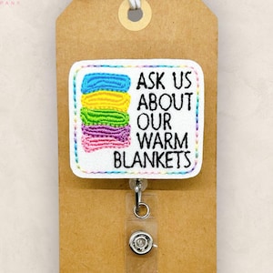 Ask Us About Our Warm Blankets Badge Reel, ER Nurse Badge Reel, Retractable ID Badge Holder, Lanyard, Coworker Gift, Badge Buddy | GLITTER