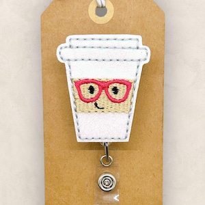 Geeky Coffee Badge Reel, Coffee with Glasses, Nurse Badge Clip, Teacher Lanyard, Barista, Coworker Gift, Retractable ID Holder | GLITTER