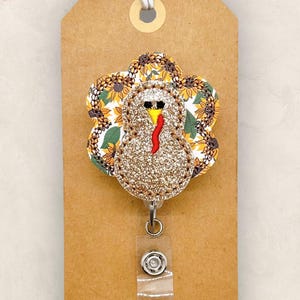 Sunflower Turkey Badge Reel, Thanksgiving Badge Reel, Nurse Badge Clip, Teacher Lanyard, Coworker Gift, Retractable ID Holder | GLITTER