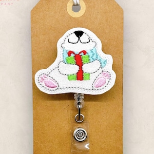 Christmas Polar Bear Badge Reel, Winter Bear Badge Reel, Nurse Badge Clip, Teacher Lanyard, Coworker Gift, Retractable ID Holder | GLITTER