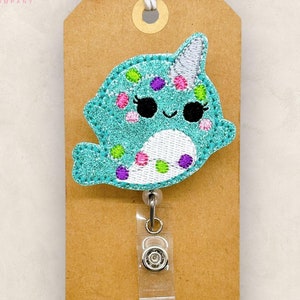 Narwhal with Lights Badge Reel, Christmas Badge Reel, Animal Badge Reel, Nurse Badge Clip, Teacher Lanyard, Retractable ID Holder | GLITTER