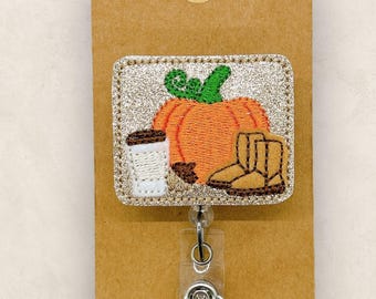 Fall Favorites Badge Reel, Pumpkin Badge Reel, Autumn Badge Clip, Nurse Badge Holder, Teacher Lanyard, Retractable ID Badge Holder | GLITTER