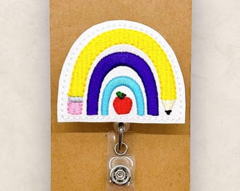 School Rainbow Badge Reel, Teacher Badge Reel, Back to School Badge Holder, Teacher Gift, Retractable ID Holder, Teacher Lanyard | GLITTER