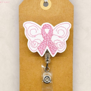 Breast Cancer Butterfly Badge Reel, Oncologist Badge Holder, Oncology Nurse Badge Clip, Teacher Lanyard, Retractable ID Holder | GLITTER