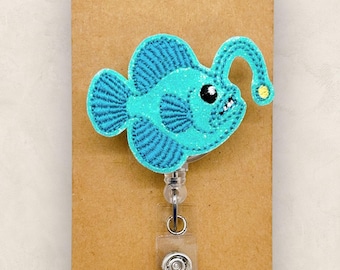Anglerfish Badge Reel, Fish Badge Reel, Summer Badge Clip, Nurse Badge Clip, Teacher Lanyard, Retractable ID Holder, Coworker Gift | GLITTER