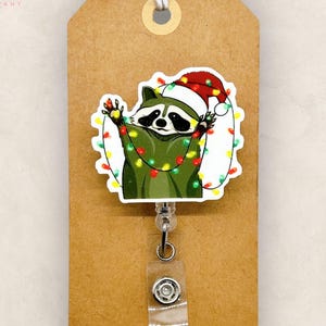 Raccoon with Christmas Lights Badge Reel, Festive Badge, Nurse Badge Clip, Teacher Lanyard, Coworker Gift, Retractable ID Holder | ACRYLIC
