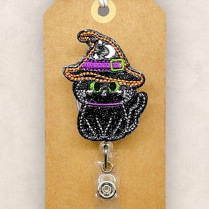 Halloween Black Cat Badge Reel, Witch Badge, Nurse Badge Clip, Teacher Lanyard, Coworker Gift, Retractable ID Holder, Badge Buddy | GLITTER