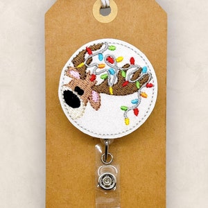 Peeking Reindeer With Lights Badge Reel, Christmas Badge, Nurse Badge Clip, Teacher Lanyard, Coworker Gift, Retractable ID Holder | GLITTER