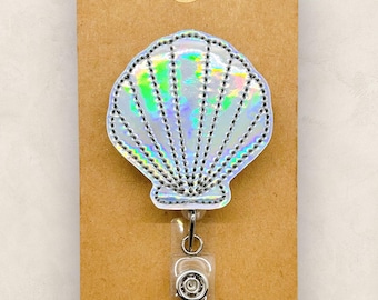 Holographic Seashell Badge Reel, Seashell Badge Reel, Summer Badge Reel, Nursing Badge Reel, Teacher Lanyard, Retractable ID Badge Holder