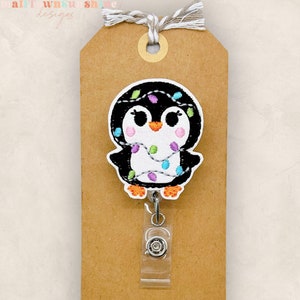 Penguin With Lights Badge Reel, Christmas Penguin Badge Reel, Nurse Badge, Teacher Lanyard, Coworker Gift, Retractable ID Holder | GLITTER