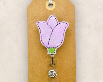 Purple Tulip Badge Reel, Tulip Badge Clip, Spring Flower Badge Clip, Nurses Badge Reel, Teacher Lanyard, Retractable ID Badge Holder