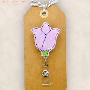 Purple Tulip Badge Reel, Tulip Badge Clip, Spring Flower Badge Clip, Nurses Badge Reel, Teacher Lanyard, Retractable ID Badge Holder image 1