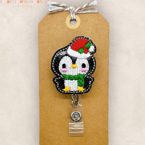 Christmas Penguin Badge Reel, Winter Badge Reel, Nurse Badge Clip, Teacher Lanyard, Coworker Gift, Retractable ID Holder | GLITTER